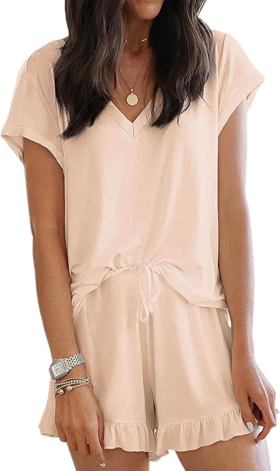 Womens Pajama Sets Shorts Soft Lounge Sets Short Sleeve V Neck Pj Set Sleepwear Top with Causal Pj Shorts
