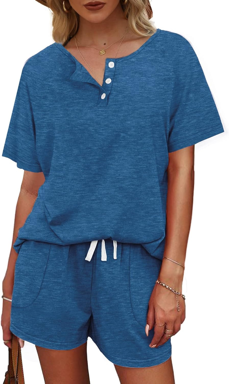 Two Piece Outfits for Women Lounge Sets Button down Top and Shorts Set Sweatsuits with Pockets